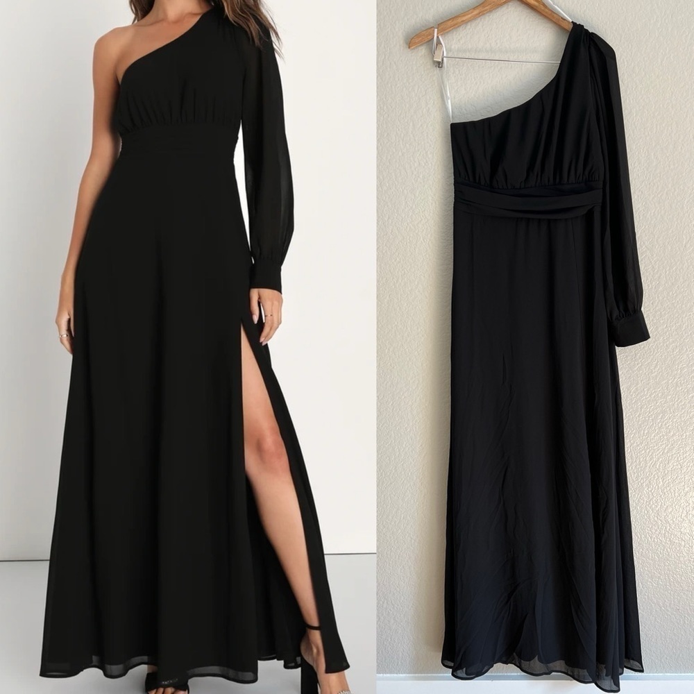 NWOT Graceful Elegance Black One-Shoulder Long Sleeve Maxi Dress